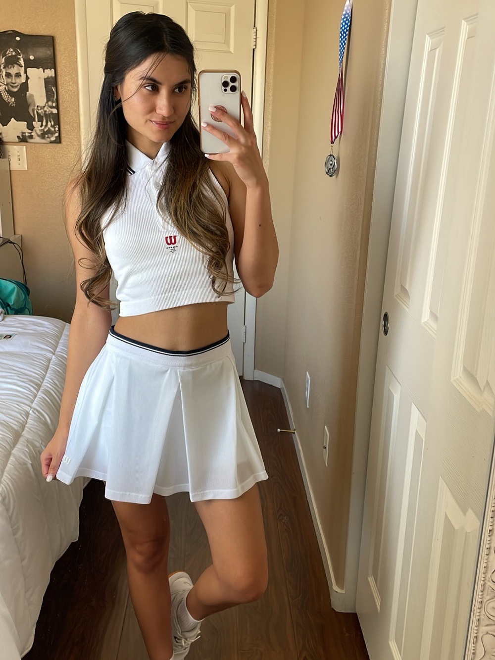 Wilson White Crop Polo Top and Pleated Skirt with Navy Trim